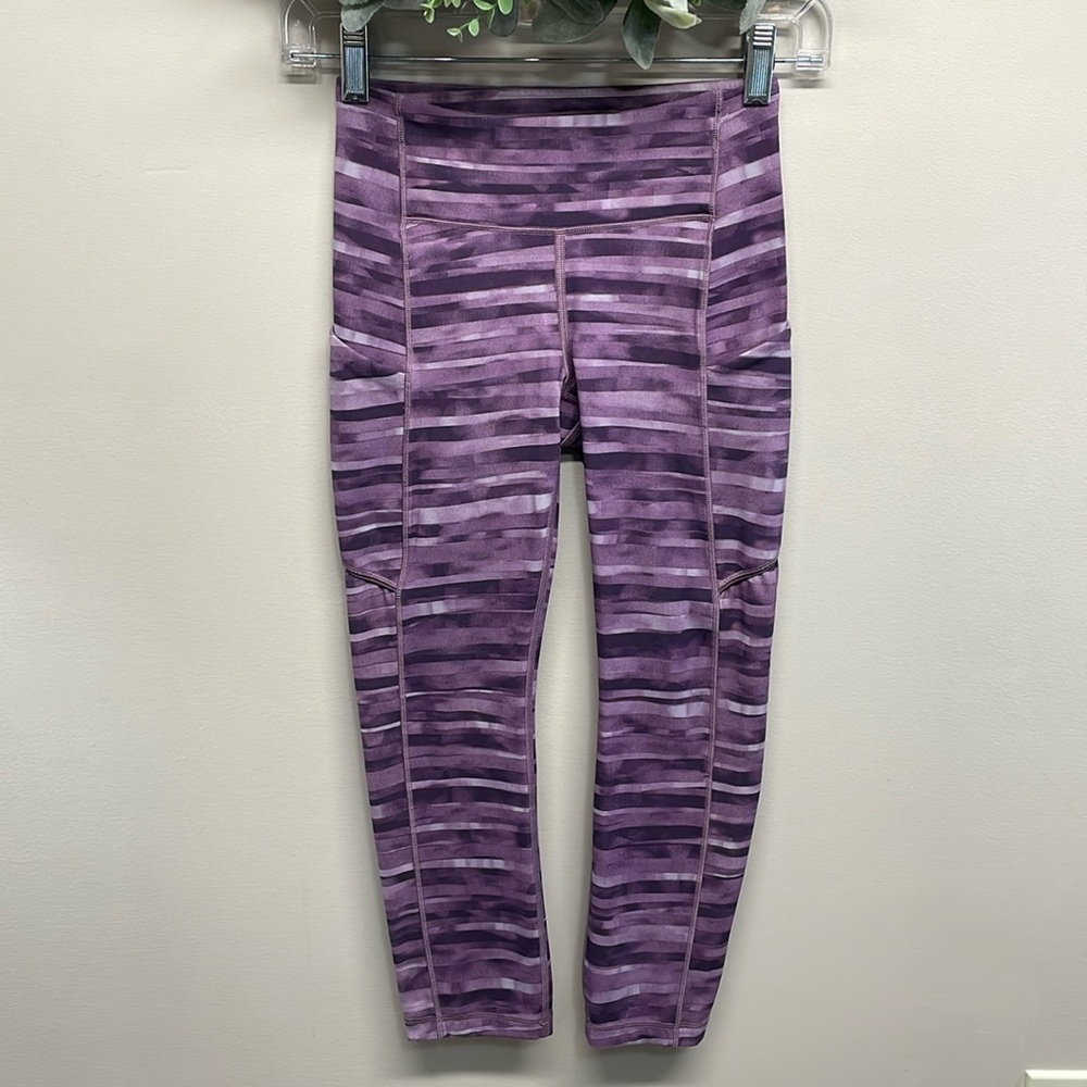 Lululemon Speed Up Crop Legging Purple Multi Print Back Zip Pocket 2